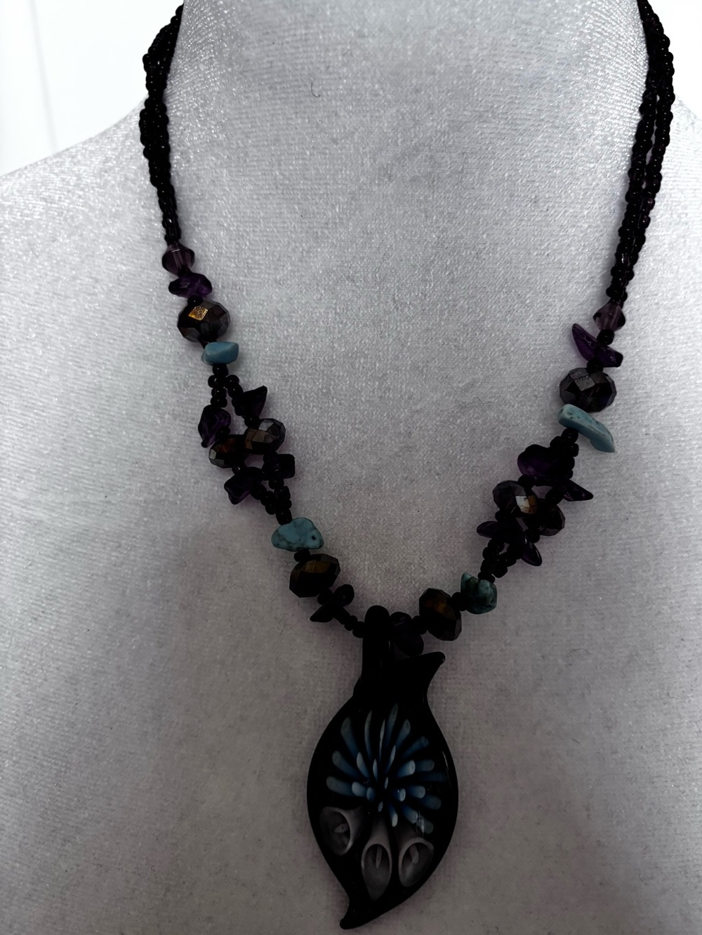 Source Unknown - Purple and Turquoise Necklace with Glass Calla Lily Pendant